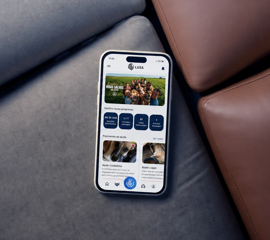 Smartphone showing the LUSA app on a leather sofa