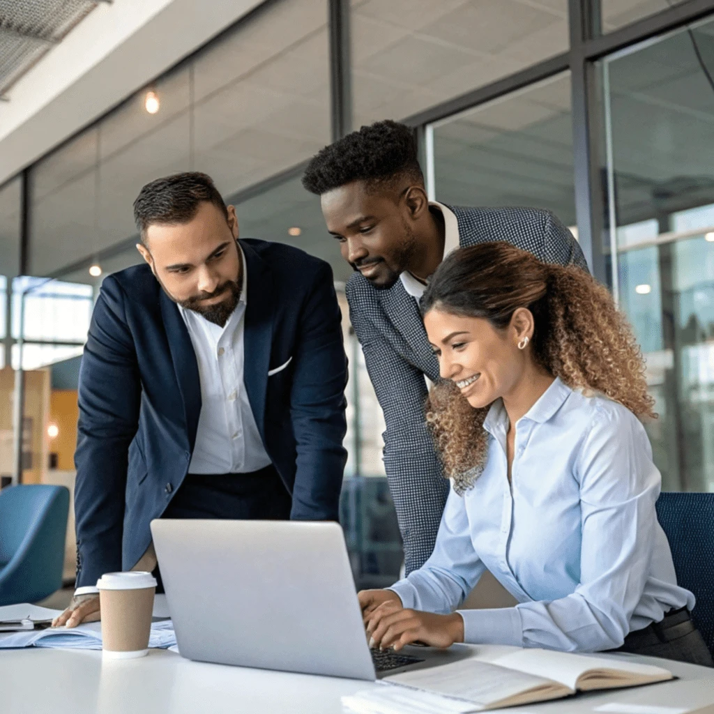 Business team reviewing results on a laptop