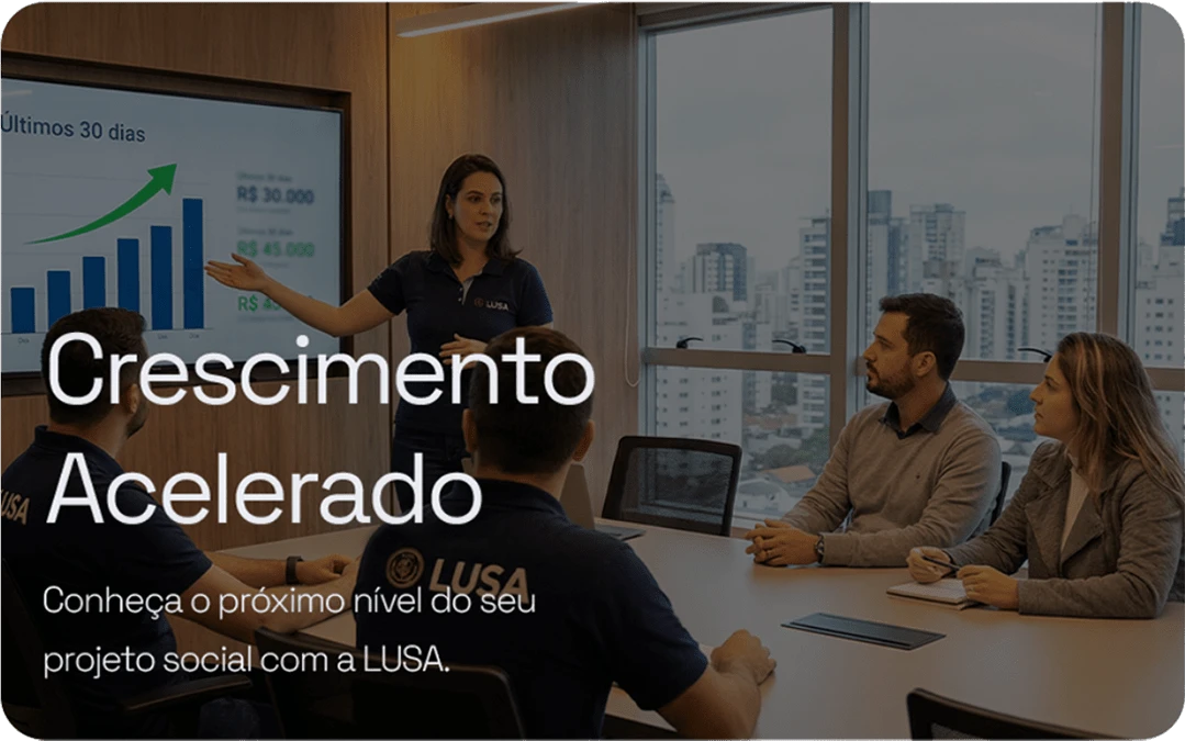 Accelerated Growth — take your social project to the next level with LUSA. Results being presented to a team in a meeting room.